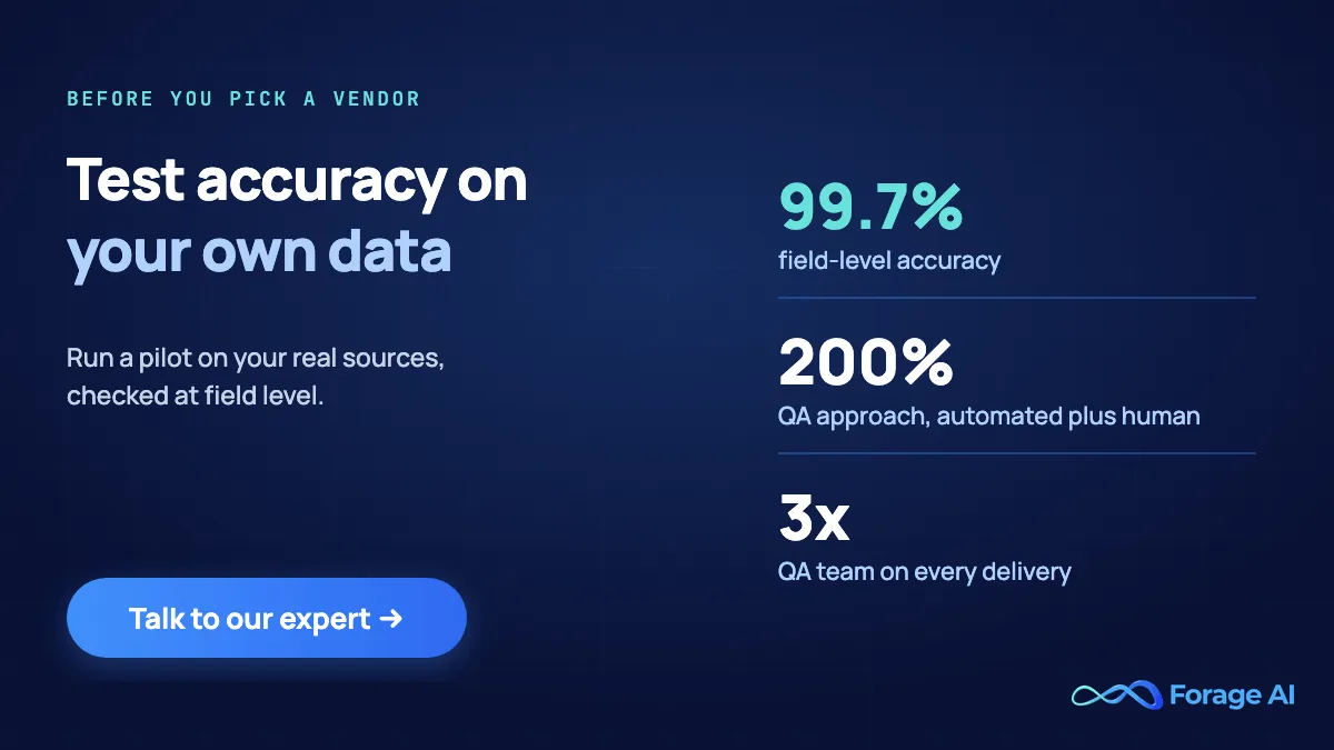 Test accuracy on your own data: run a pilot on your real sources with field-level checks before you pick a data vendor